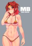  bikini blush breasts cleavage finger_to_face headband kupala large_breasts looking_at_viewer micro_bikini muscle muscular_female navel prominence_katou red_eyes red_hair ring_dream simple_background solo swimsuit underboob 