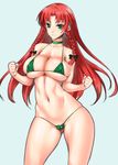  bikini blush bow braid breasts cameltoe choker cleavage green_eyes hair_bow hong_meiling huge_breasts long_hair micro_bikini navel pussy_peek red_hair rindou_(radical_dream) simple_background skindentation smile solo swimsuit touhou twin_braids wide_hips 