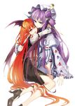  alternate_hairstyle couple crescent double_bun hair_ribbon hat head_wings high_heels hug knife koakuma long_hair multiple_girls multiple_wings patchouli_knowledge purple_eyes purple_hair red_eyes red_hair ribbon shoes simple_background sitting thighhighs tongue tongue_out touhou tsurukame very_long_hair white_background white_legwear wings yuri 