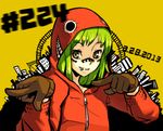  2013 dated facial_tattoo gloves green_eyes green_hair grin gumi hood hoodie junkpuyo lip_piercing matryoshka_(vocaloid) multicolored multicolored_eyes piercing pointing red_eyes short_hair smile solo tattoo vocaloid 
