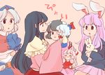  :i :x animal_ears baby black_hair bunny_ears carrying comic fujiwara_no_mokou hat houraisan_kaguya inaba_tewi kamishirasawa_keine komaku_juushoku multiple_girls nurse_cap pink_hair rattle red_eyes reisen_udongein_inaba shirt silver_hair skirt stuffed_animal stuffed_bunny stuffed_toy touhou yagokoro_eirin younger 