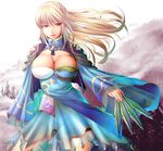  blonde_hair breasts brown_eyes cleavage harihisa highres knife large_breasts lips long_hair sangoku_musou see-through shin_sangoku_musou solo wang_yuanji 