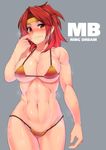  bikini blush breasts cleavage finger_to_face headband kupala large_breasts looking_at_viewer micro_bikini muscle muscular_female navel prominence_katou red_eyes red_hair ring_dream simple_background solo steam sweat swimsuit underboob 