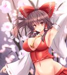  arm_behind_head armpits ascot between_breasts bow breasts brown_eyes cherry_blossoms chestnut_mouth cleavage detached_sleeves hair_bow hair_tubes hakurei_reimu large_breasts long_sleeves looking_at_viewer midriff navel no_bra open_mouth red_eyes shirt skirt solo sumapan touhou tree wide_sleeves 