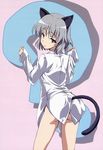  ? absurdres animal_ears ass bangs blush cat_ears cat_tail cowboy_shot dress_shirt from_behind green_eyes grey_hair highres long_sleeves looking_at_viewer looking_back naked_shirt non-web_source nyantype official_art parted_lips sanya_v_litvyak scan shirt short_hair sleeves_past_wrists solo standing strike_witches tail tamura_masafumi unbuttoned white_shirt world_witches_series 