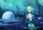  bangs black_legwear chibi crescent_moon dress eruri_(mgmn) floating food fruit green_eyes green_hair kneehighs looking_at_viewer mandarin_orange mary_janes moon nijimine_kakoi planet radio_antenna sailor_collar shoes smile socks solo space sphere star utau water 