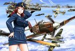  aerial_battle aircraft airplane battle bf_110 breasts cloud condensation_trail day hat historical_event hurricane_(airplane) ju_88 large_breasts luftwaffe mc_axis military royal_air_force sao_satoru solo spitfire_(airplane) uniform world_war_ii 