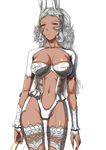  animal_ears bow_(weapon) breasts brown_eyes bunny_ears dark_skin final_fantasy final_fantasy_xii fran large_breasts long_hair navel revealing_clothes simple_background solo st.germain-sal thighhighs thighs viera weapon white_background white_hair 