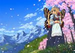  bad_id bad_pixiv_id blonde_hair blue_eyes butterfly_wings cherry_blossoms cloud day dress flower genshi grass hat mountain original pointy_ears short_hair sky smile solo tree wings 