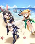 animal_ears armor axe bad_id bad_perspective bad_pixiv_id beach belt black_hair blonde_hair blue_hair boots bunny_ears cloud day elin_(tera) fox_ears fox_tail gloves green_eyes highres long_hair multiple_girls ocean outdoors panties red_eyes side_ponytail sky staff tail tera_online thighhighs twintails underwear weapon wet wet_clothes yaguo 