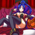  bad_id bad_pixiv_id bed belt black_legwear blue_eyes blue_hair breasts cross cross_earrings detached_sleeves earrings facial_mark forehead_mark jewelry large_breasts long_hair looking_at_viewer magical_halloween nail_polish panties ponytail pumpkin rosemary_bergamot smile solo takeji thighhighs underwear white_panties 