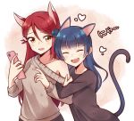  2girls ^_^ animal_ears arm_hug bangs beige_sweater black_shirt blue_hair cat_ears cat_tail cellphone ceph_(greatyazawa1819) closed_eyes commentary eyes_closed fang fox_ears hair_ornament hairclip heart holding holding_phone kemonomimi_mode long_hair long_sleeves love_live! love_live!_sunshine!! multiple_girls nyan off-shoulder_sweater open_mouth phone red_hair sakurauchi_riko shirt side_bun smartphone smile sweatdrop sweater symbol_commentary tail tsushima_yoshiko upper_body 