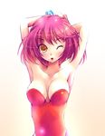  armpits arms_up breasts brown_eyes collarbone highres leotard medium_breasts one_eye_closed pink_hair quinty quinty_(character) red_leotard short_hair smile solo white_background x.x 