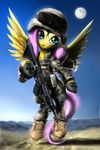  abstract_background body_armor boots clothing english_text equine eyewear female feral fluttershy_(mlp) flying friendship_is_magic fur glasses green_eyes gun hair helmet horse m4a1 mammal moon my_little_pony open_mouth outside pegasus pink_hair pony ranged_weapon soldier solo text weapon wings wylfden yellow_fur 