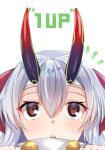  1girl 1up bow commentary_request eyelashes fate/grand_order fate_(series) hair_between_eyes hair_bow head_only headband horns horns_through_headwear looking_up oni_horns open_mouth parody red_bow red_eyes red_horns silver_hair solo surprised tapioka_(oekakitapioka) tomoe_gozen_(fate/grand_order) white_background 