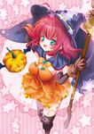  alice_wishheart black_legwear bow broom cape earrings e~ji full_body gloves green_eyes hat jewelry magical_halloween orange_skirt pink_background pink_hair pumpkin ribbon short_hair skirt smile solo star star_earrings starry_background thighhighs witch_hat yellow_bow 