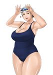  breasts cleavage curvy ganto goggles goggles_on_head huge_breasts lipstick makeup one-piece_swimsuit original plump smile solo swim_cap swimsuit 