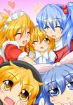  alice_margatroid alice_margatroid_(pc-98) blonde_hair blue_eyes blue_hair blush hair_bobbles hair_ornament heart hug kokujuuji mai_(touhou) maid motherly multiple_girls mystic_square shinki silver_hair touhou touhou_(pc-98) yellow_eyes yuki_(touhou) yumeko 