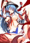  absurdres arms_up bad_id bad_pixiv_id blue_hair breasts food fruit hat highres hinanawi_tenshi holding large_breasts legs long_hair long_legs navel neropaso nipples one_eye_closed open_mouth panties peach red_eyes simple_background skirt solo spread_legs tentacles thighs touhou underwear white_background white_panties 