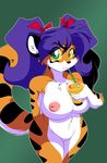  bow breasts chalo chest_tuft chubby drink edit facial_mark feline female fruit fur green_eyes hair kiwi_fruit las_lindas looking_at_viewer mammal nipples nude pose pussy shopped solo tiger tiggs tuft 