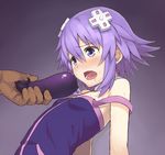  bare_arms bare_shoulders blush breasts chiwino dark_skin dark_skinned_male eggplant gradient gradient_background hair_ornament holding_vegetable lavender_hair neptune_(choujigen_game_neptune) neptune_(series) off_shoulder open_mouth petite purple_background purple_eyes saliva sexually_suggestive short_hair sidelocks small_breasts strap_slip sweat tears 