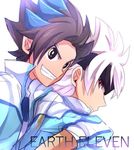  bad_id bad_pixiv_id blue_hair brown_hair earth_eleven grin headband ibuki_munemasa inazuma_eleven_(series) inazuma_eleven_go inazuma_eleven_go_galaxy jacket maianh male_focus matatagi_hayato multicolored_hair multiple_boys smile track_jacket two-tone_hair white_background white_hair 