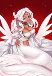  bandeau blue_eyes breasts cleavage cleavage_cutout dark_skin forehead_jewel hazuki_gean lamia large_breasts long_hair looking_at_viewer monster_girl navel pixiv_fantasia pixiv_fantasia_new_world pointy_ears scales smile solo white_hair wings 