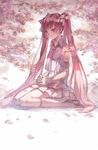  cherry_blossoms detached_sleeves hair_ribbon hands_clasped hatsune_miku highres long_hair necktie own_hands_together pink_eyes pink_hair ribbon sakura_miku sitting skirt socks solo twintails very_long_hair vocaloid zhanzhan_lan 