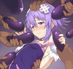  bare_arms bare_shoulders blush breasts chiwino dark_skin dark_skinned_male eating eggplant gradient gradient_background hair_ornament hand_on_another's_head holding_vegetable lavender_hair neptune_(choujigen_game_neptune) neptune_(series) off_shoulder petite purple_background purple_eyes saliva saliva_trail sexually_suggestive short_hair sidelocks small_breasts strap_slip sweat tears tongue tongue_out 