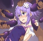  bare_arms bare_shoulders blush breasts chiwino dark_skin dark_skinned_male eggplant gradient gradient_background hair_ornament hand_on_another's_head holding_vegetable lavender_hair neptune_(choujigen_game_neptune) neptune_(series) off_shoulder open_mouth petite purple_background purple_eyes saliva sexually_suggestive short_hair sidelocks small_breasts strap_slip sweat tears 