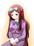  alternate_hairstyle banderasu blush brown_eyes brown_hair hair_ornament hairclip highres long_hair ribbon saki sawamura_tomoki sitting solo 