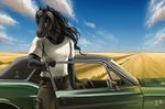  black_fur black_hair brown_eyes car clothing cloud equine field fur hair horse long_hair male mammal mustang shelby_mustang shinigamigirl sky solo standing 