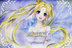  bishoujo_senshi_sailor_moon blonde_hair blue_background blue_eyes crescent_moon detached_sleeves dress facial_mark forehead_mark lips long_hair moon orukappa0711 princess_serenity smile solo strapless strapless_dress traditional_media tsukino_usagi twintails watercolor_(medium) 