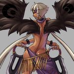  ass ayla_shamalu bad_idea black_wings blade blindfold bracelet butt_crack contrapposto dark_skin dual_wielding from_behind highres holding jewelry long_hair no_panties original print_sarong purple_sarong sarong scarf solo standing tengu topless twintails very_long_hair white_hair wings 