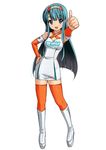  aqua_eyes aqua_hair boots detached_sleeves dress hairband long_hair orange_legwear project_mu race_queen solo thighhighs thumbs_up yamaguchi_miu zettai_ryouiki 