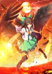  &gt;:) arm_cannon black_hair black_legwear cape caution dress feathers fire highres lightning radioactive red_eyes reiuji_utsuho smile solo thighhighs touhou v-shaped_eyebrows weapon wings zb 