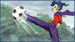  1boy ball belt blue_pants cape child cloud hands_in_pocket inazuma_eleven inazuma_eleven_(series) inazuma_eleven_go kicking lowres male male_focus pants red_shirt shirt soccer_ball solo tree tsurugi_kyousuke white_shoes 