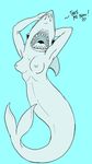  &lt;3 anthro armpits black_eyes blue_background breasts english_text eyelashes female fin fish grey_skin hand_on_head hi_res marine nipples open_mouth plain_background pose raised_arm scalie shark sharp_teeth solo teeth text tongue unknown_artist 