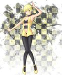  black_legwear blonde_hair checkered checkered_background highres kamitsure_(pokemon) looking_at_viewer pantyhose pokemon shintani_tsushiya short_hair solo 