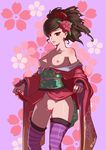  bare_shoulders breasts brown_eyes brown_hair cless888 clothes_lift flower hair_flower hair_ornament highres japanese_clothes kimono kimono_lift kimono_pull medium_breasts momohime nipples no_panties oboro_muramasa off_shoulder pussy solo striped striped_legwear thighhighs 