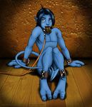  ankle_cuffs arm_support blue_body blue_skin chocolate collar duo_radon leash looking_at_viewer male marvel mouth_hold nightcrawler not_furry nude sitting spade_tail tail_between_legs two_toes wood x-men 