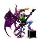  anthro band clothing dragon_wings fire guitar jacket low_res male pants piercing plain_background pose purple_body raised_leg solo speaker standing tail_ring torn_clothing white_background wings 