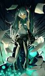  bad_id bad_pixiv_id boots detached_sleeves ghostas green_eyes green_hair hatsune_miku highres long_hair paper sitting skirt solo thigh_boots thighhighs twintails very_long_hair vocaloid 