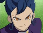  1boy blue_hair child crunched_teeth inazuma_eleven inazuma_eleven_(series) inazuma_eleven_go lowres male male_focus orange_eyes simple_background smile solo tsurugi_kyousuke 