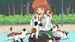  :3 :d ^_^ animal animal_on_shoulder bag black_legwear blue_eyes blurry blush brown_eyes brown_hair bush calico cat closed_eyes day depth_of_field eyebrows eyebrows_visible_through_hair fangs full_body girls_und_panzer green_skirt handbag highres long_hair looking_at_another no_shoes official_art ooarai_school_uniform open_mouth outdoors paw_print pleated_skirt school_uniform serafuku shirt sitting skirt slit_pupils smile sparkle standing sugimoto_isao takebe_saori thighhighs too_many too_many_cats tree wariza white_shirt yellow_sclera 
