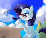  blue_eyes cloud cutie_mark diamond egg egg_painting equine eyeshadow eyewear female feral friendship_is_magic fur glasses glowing horn horse magic makeup mammal my_little_pony outside pony rarity_(mlp) sitting sky skyline19 solo sparkles table unicorn white_fur 