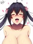  1girl ahoge azur_lane band-width bangs black_hair blush breasts cleavage collarbone crossed_bangs drooling eyebrows_visible_through_hair hair_between_eyes half-closed_eyes heart heart-shaped_pupils highres huge_breasts large_breasts long_hair looking_at_viewer open_mouth red_eyes saliva signature simple_background smile solo symbol-shaped_pupils taihou_(azur_lane) tongue tongue_out twintails very_long_hair white_background 