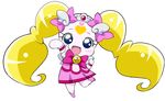  blue_eyes bow bowtie brooch candy_(smile_precure!) creature cure_candy full_body hoshizora_miyuki jewelry long_hair magical_girl no_humans pink_bow pink_skirt precure sinko_(sinsin) skirt smile smile_precure! standing standing_on_one_leg twintails white_background 