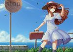  bad_id bad_pixiv_id blue_sky briefcase brown_eyes brown_hair chong_wuxin cloud day dress flower grass hat highres horizon light_rays long_hair original outdoors road_sign sign sky solo standing stop_sign sun_hat sunbeam sundress sunlight water wind 