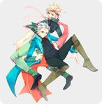  blonde_hair blue_eyes caesar_anthonio_zeppeli crossover devil_may_cry facial_mark feathers green_jacket haine_(howling) hair_feathers headband highres jacket jojo_no_kimyou_na_bouken multiple_boys scarf short_hair vergil white_hair 